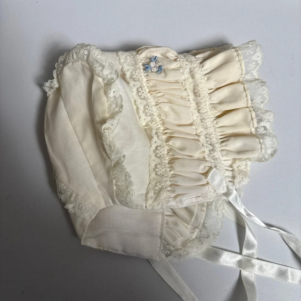 Vintage Baby Bonnet Cream Lace Ruffle Floral Embroidery Ribbon Heart Christening